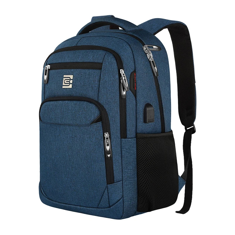 Sac à dos d'ordinateur portable pour voyage d'affaires bleu foncé avec accents noirs et sangle noire.