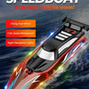 A red high-speed remote control speedboat cutting through the water with bright LED lights.