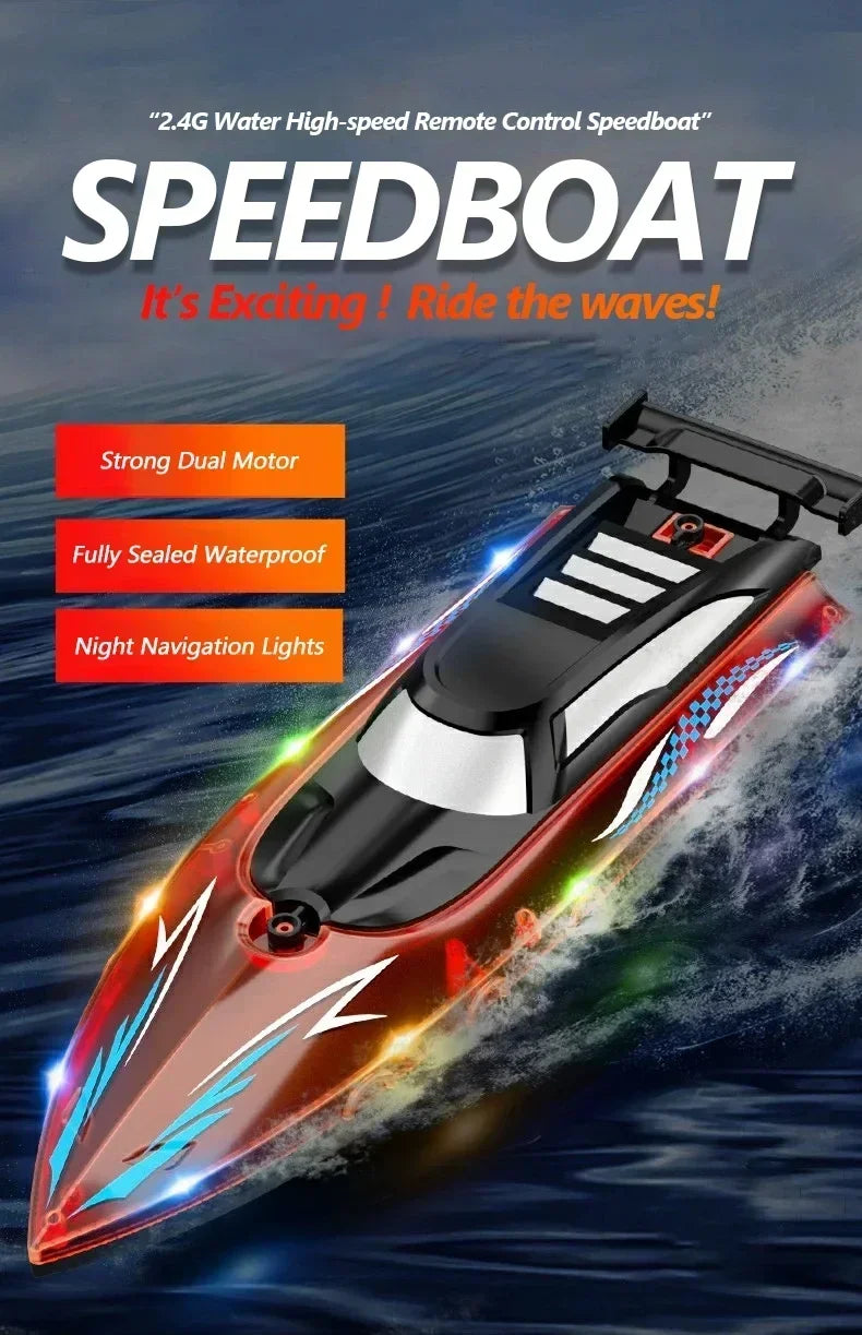 A red high-speed remote control speedboat cutting through the water with bright LED lights.