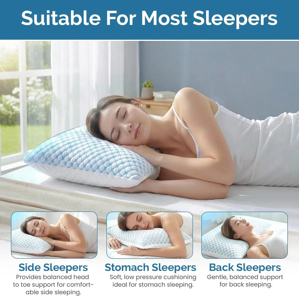 A woman sleeping comfortably on a white pillow, demonstrating the suitability of the pillow for various sleepers.