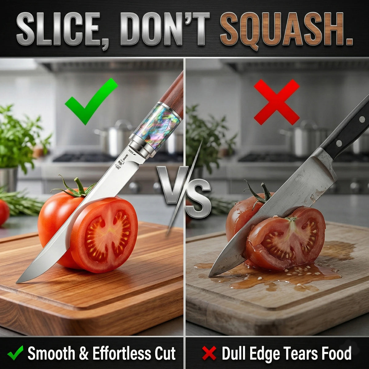 A comparison showing a sharp knife slicing a tomato and a dull knife tearing food.