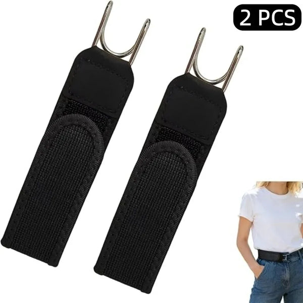 Two black invisible elastic waistbands with metal buckles shown against a white background.