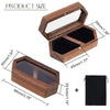 A wooden ring box with a lid and an open view showing two compartments, next to a black velvet pouch.