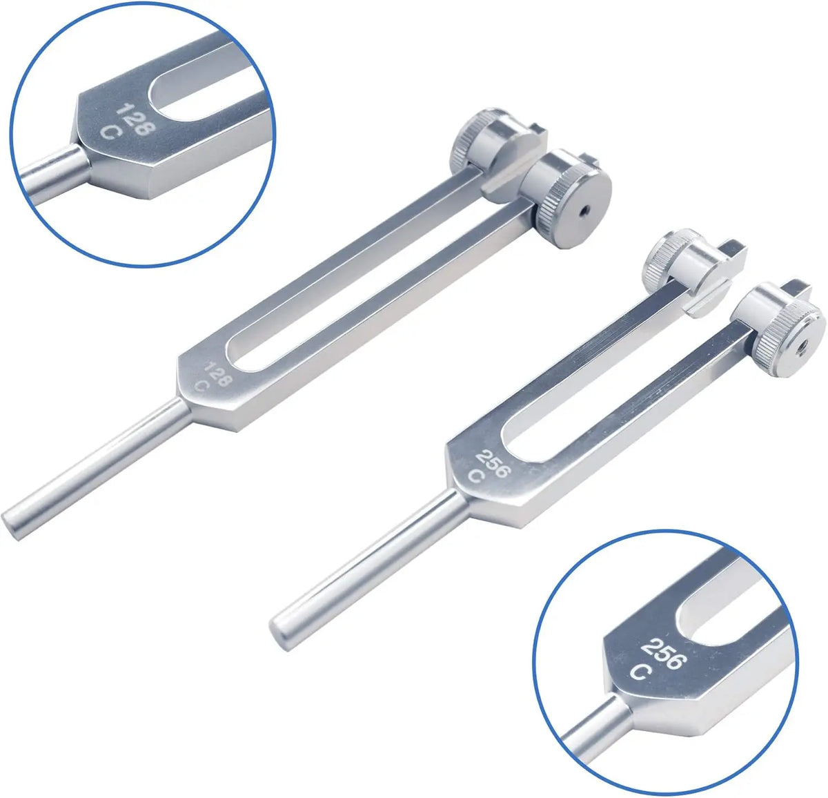A set of three metal tuning forks with different frequencies marked on them for sound healing.