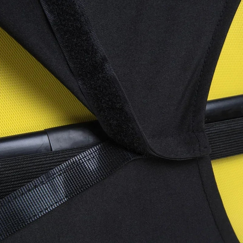 Black stretchy suitcase cover protector with black strap shown against a yellow background.