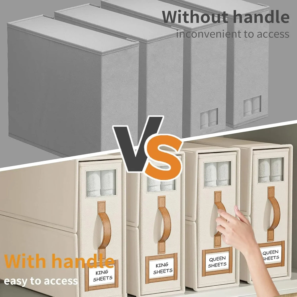 Comparison of bedding storage boxes without a handle versus with a handle for easy access