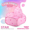 Pink children's tent with a basketball hoop design featuring star patterns.