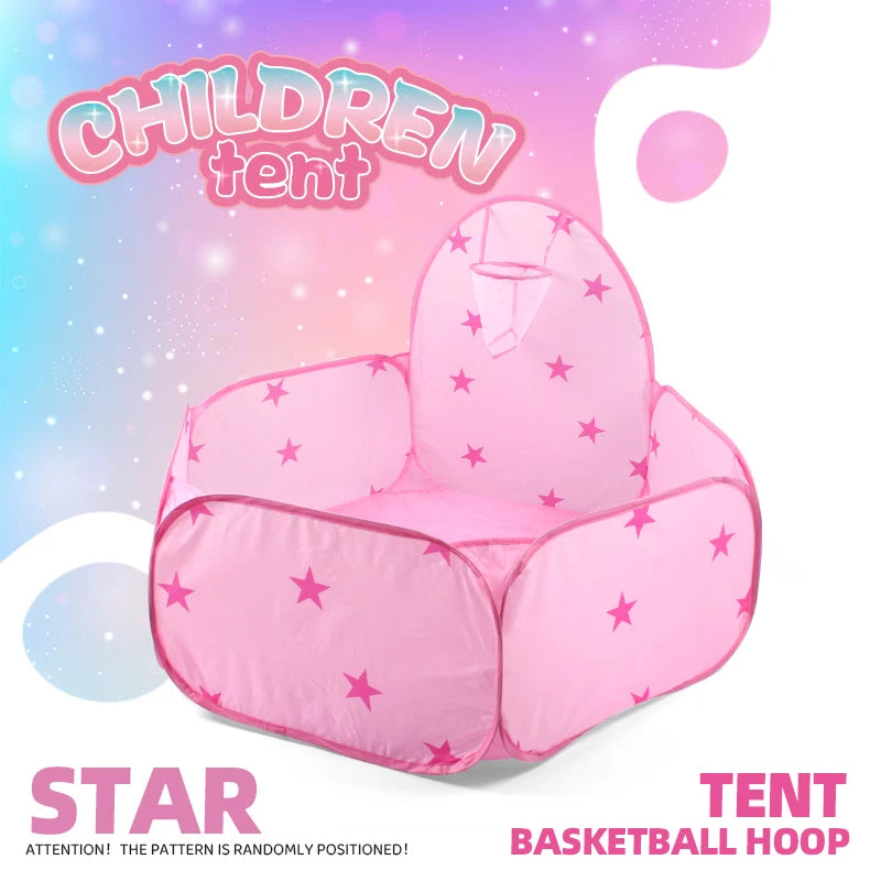 Pink children's tent with a basketball hoop design featuring star patterns.