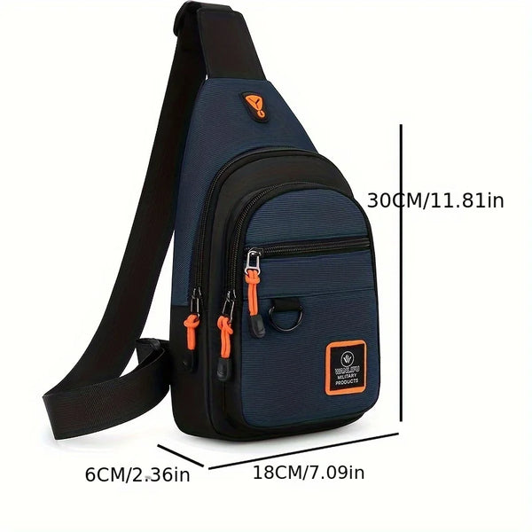 Navy blue water-resistant crossbody bag with orange accents shown from the side and top.