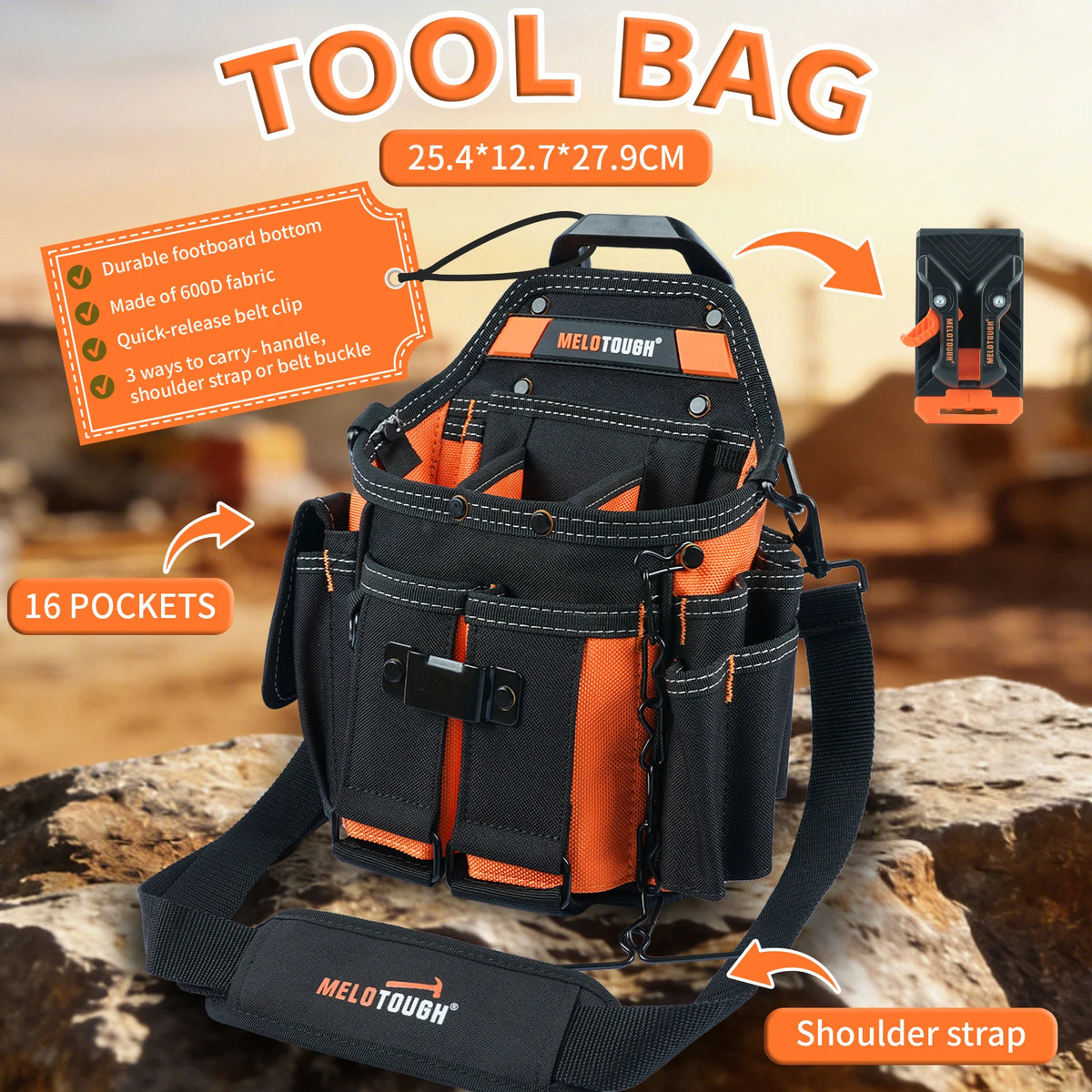A black tool bag with orange accents and a shoulder strap is shown on a rock, highlighting its features.