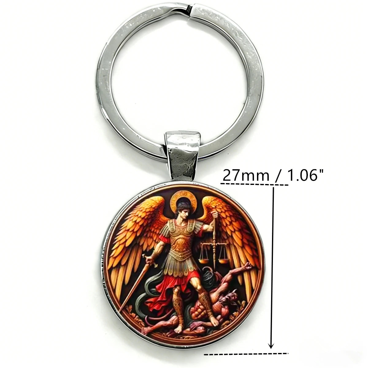 Silver key chain featuring a pendant of the Saint Michael Archangel with wings and a sword.