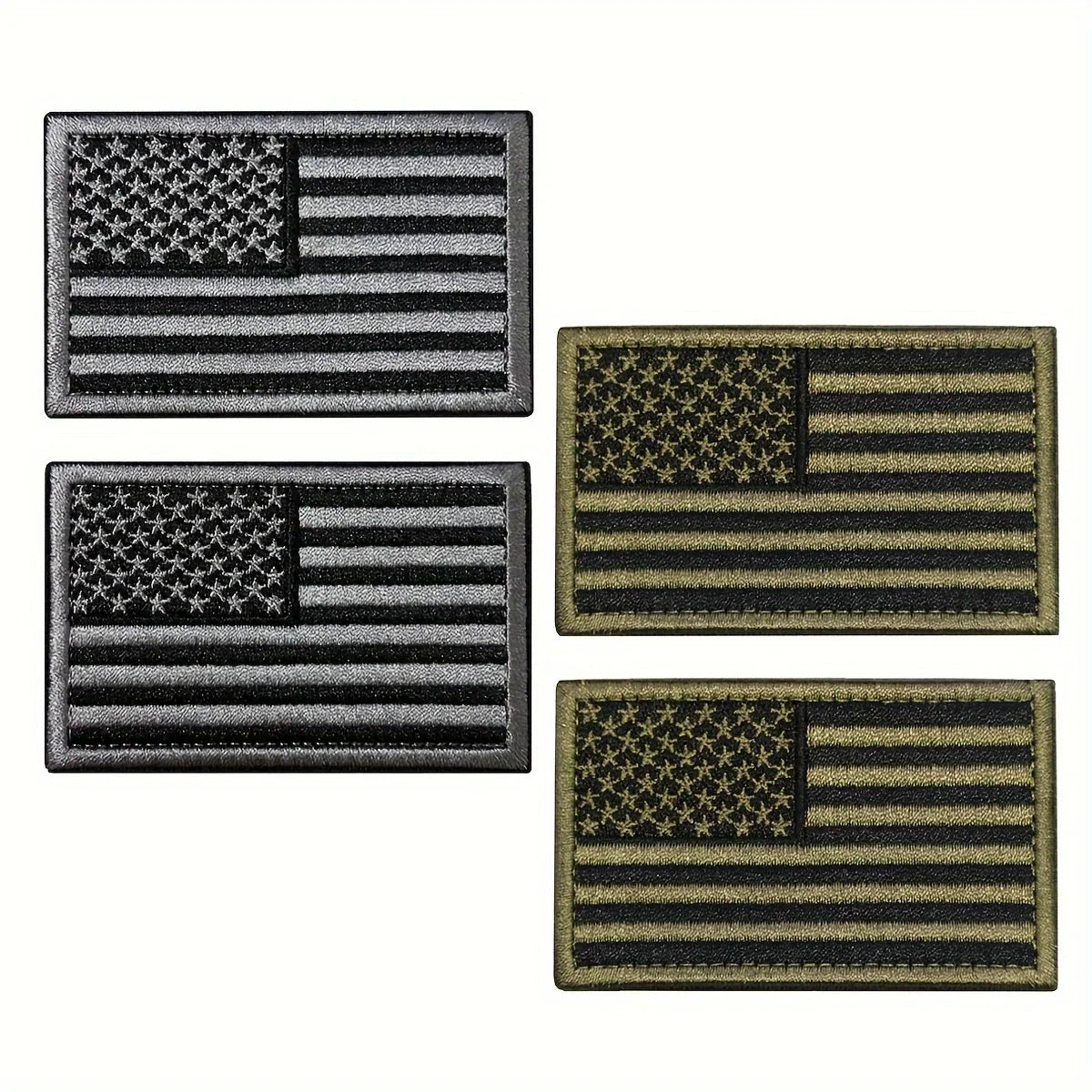 A set of two embroidered American flag patches, one black and gray and one army green and black.