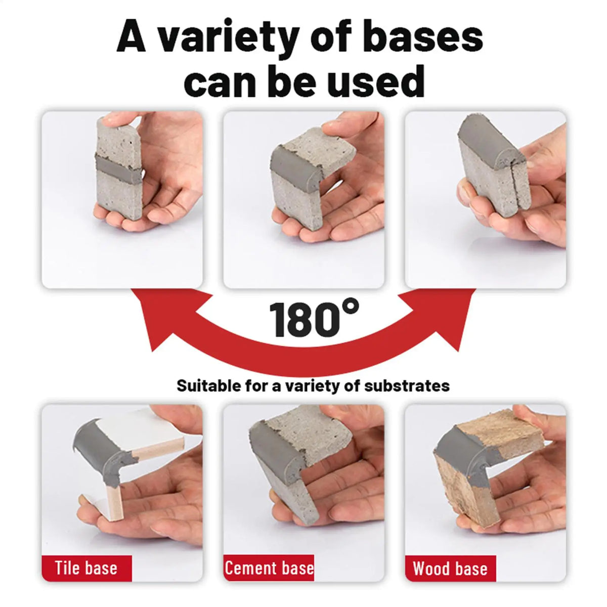 Various bases for crack filler patches including tile, cement, and wood bases.