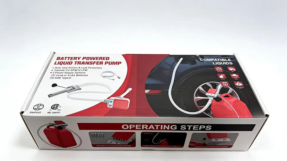 Box of a battery powered liquid transfer pump with accompanying liquids and operating steps
