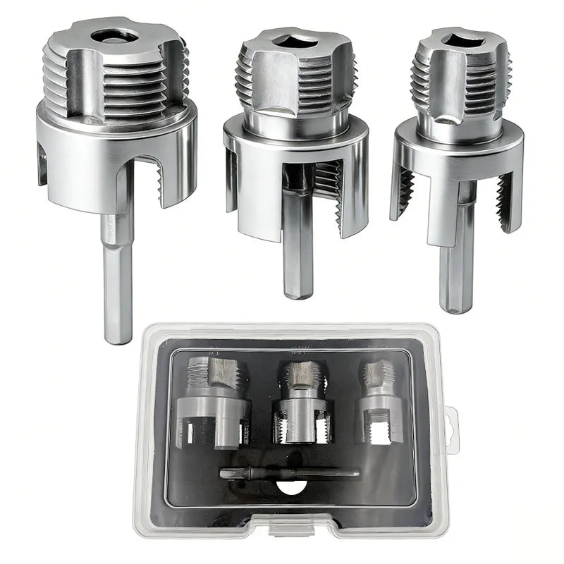 A set of three metal pipe threading tools, including internal and external cutting dies, displayed next to a clear plastic st