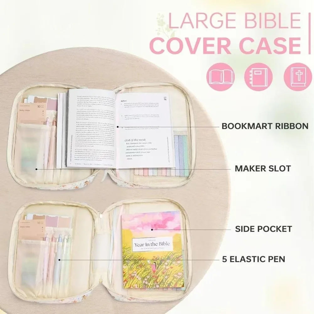 A large bible cover case with a zipper pocket, bookmark ribbon, maker slot, side pocket, and elastic pen is shown open on a l