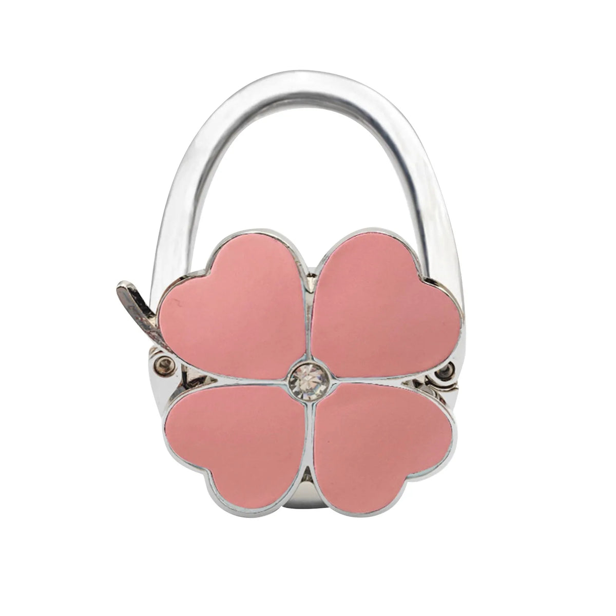 Silberner Handtaschenhaken mit einem rosa Vierblättrigen Klöversmotiv.