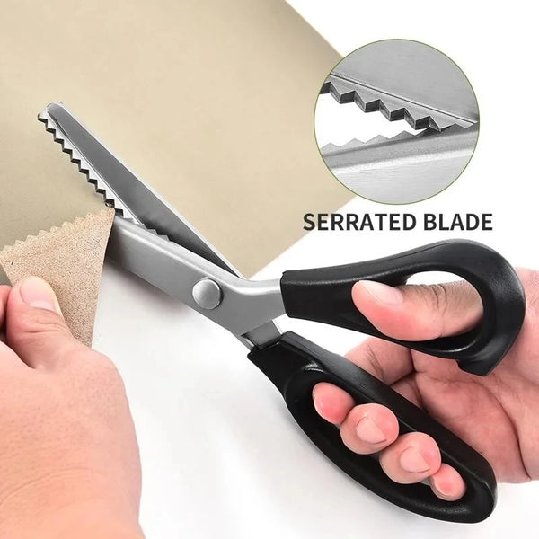 A pair of silver serrated fabric scissors is shown being used to cut material, with a close-up view of the blade.