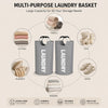 A set of two extra large foldable laundry hampers in gray with padded handles, shown with various items like towels, clothes,