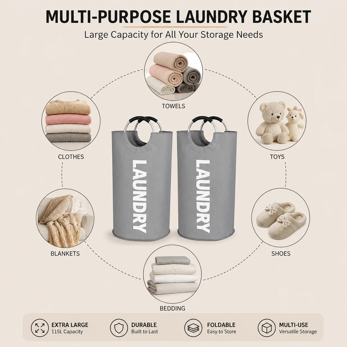 A set of two extra large collapsible laundry hampers in gray with padded handles, shown alongside various items like towels, 
