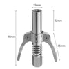 Silver heavy-duty grease gun coupler with a quick-release double handle and threaded connection.