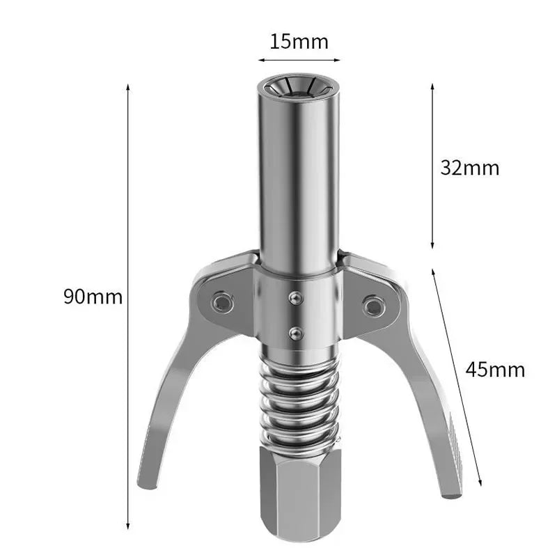 Silver heavy-duty grease gun coupler with a quick-release double handle and threaded connection.