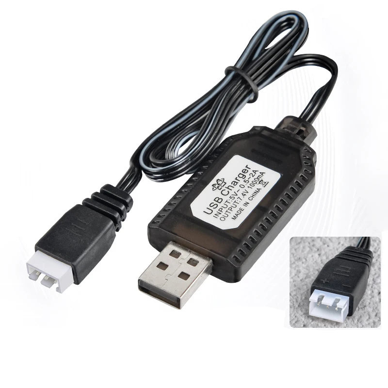 A black USB charger cable with a connector for a Li-ion battery pack is shown.