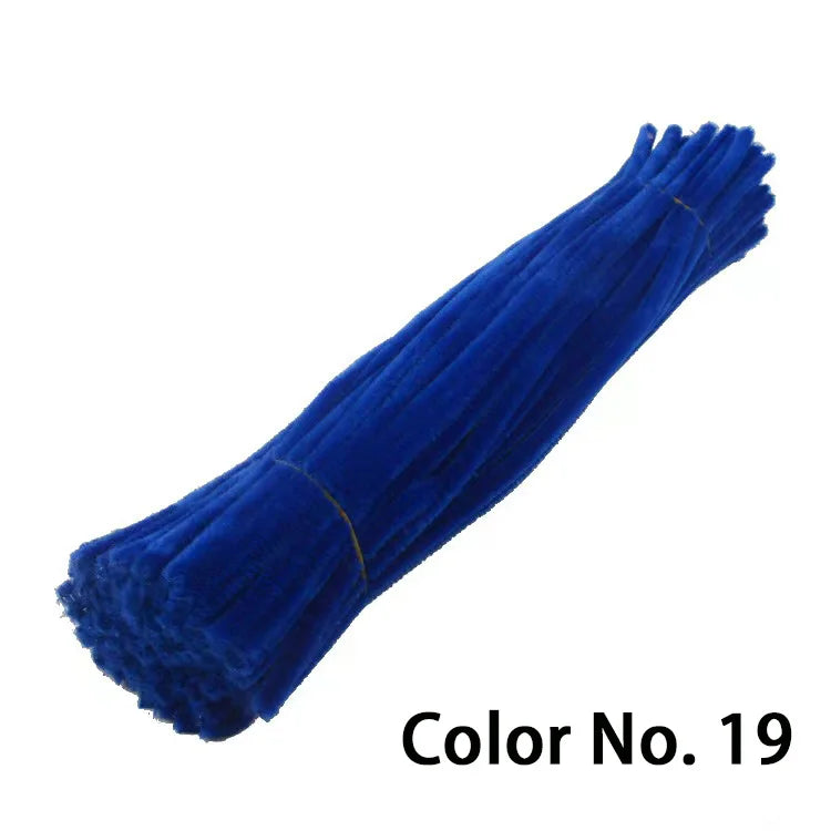 A bundle of bright blue chenille craft stems labeled Color No. 19