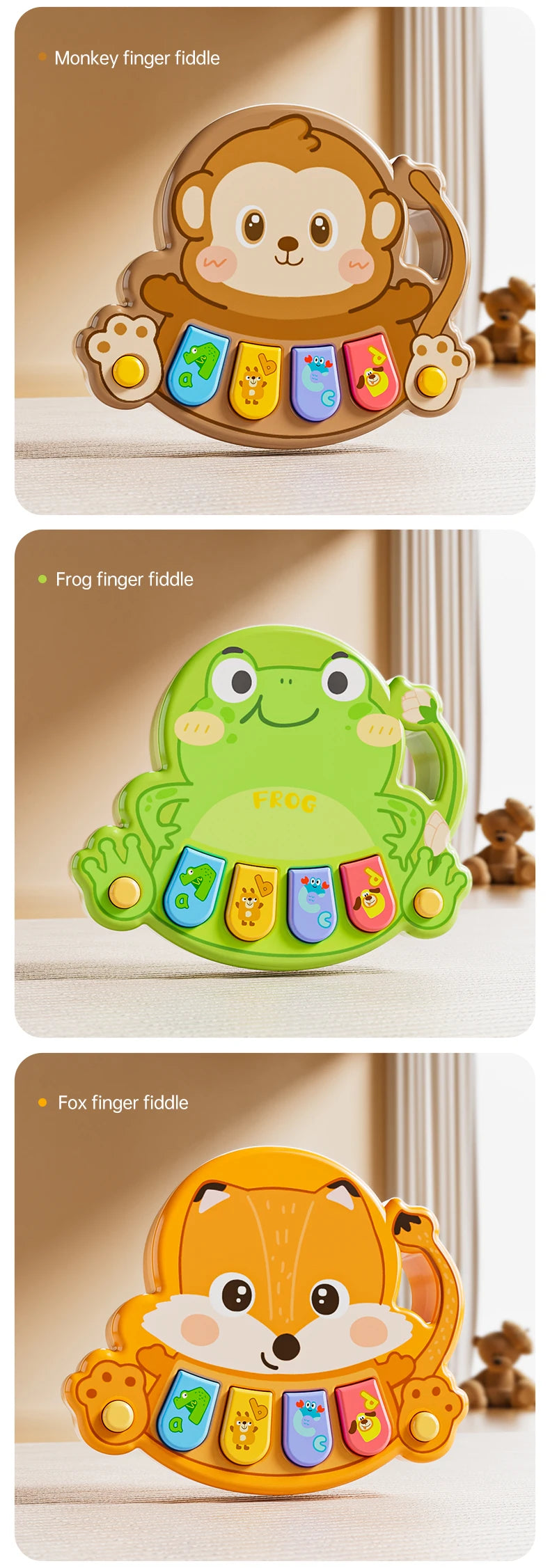 Three wooden finger fiddle toys shaped like a monkey, frog, and fox for toddlers.