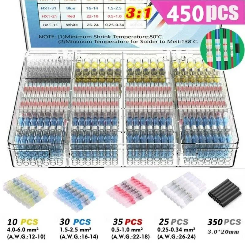 Assortment of 450 waterproof heat shrink solder wire connectors in various colors and gauges