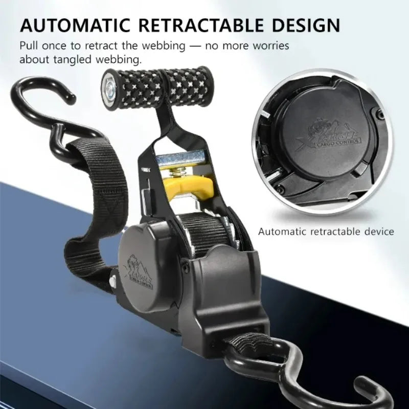 Automatic retractable device for heavy duty ratchet tie-down straps shown with a close-up view of the mechanism