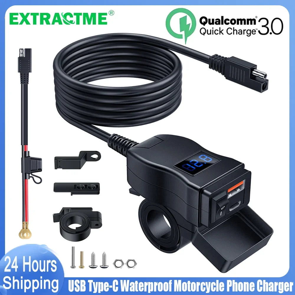 Black USB Type-C waterproof motorcycle phone charger with voltmeter and multiple cables