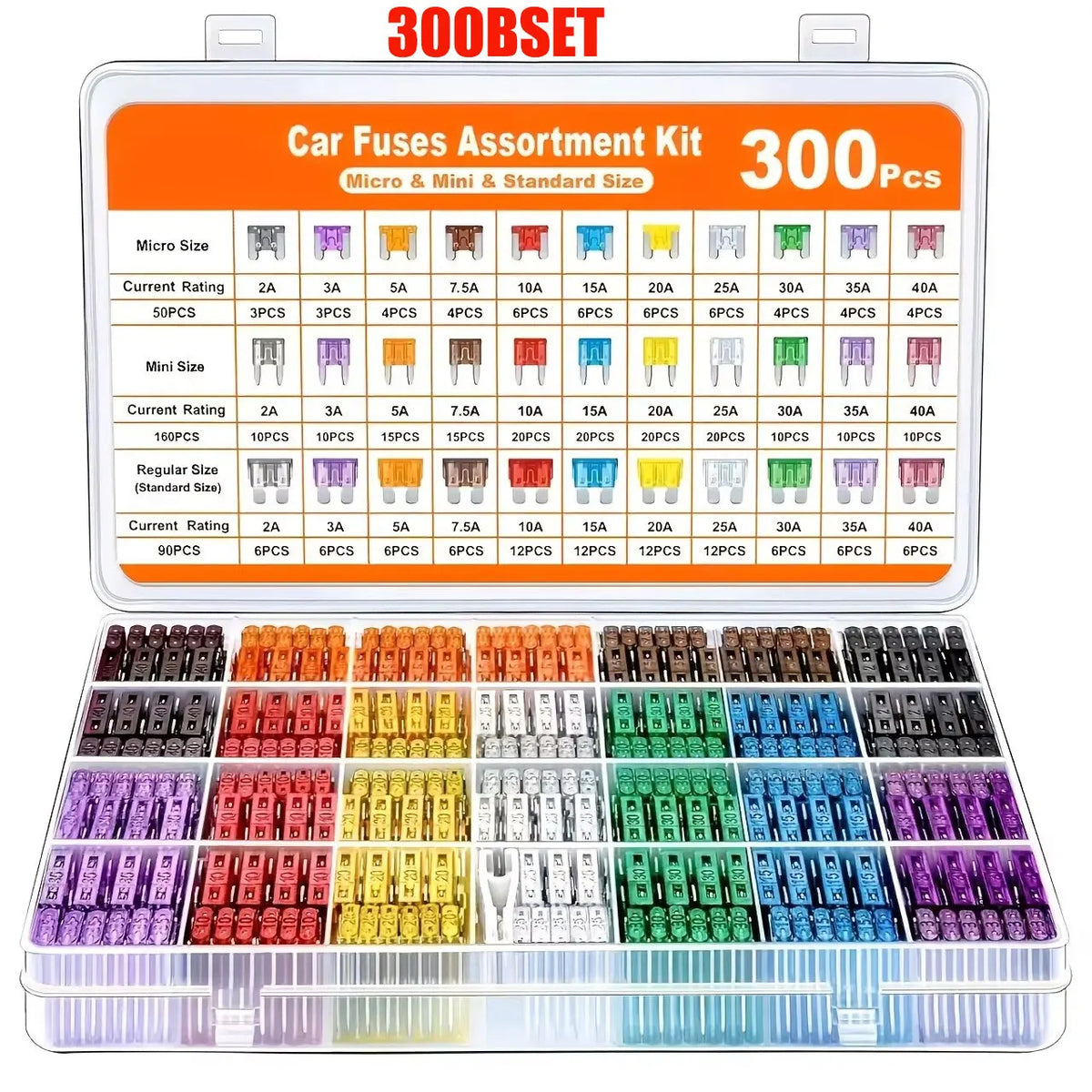 Grand assortiment de kits de fusibles automobiles classés par taille et calibre, incluant micro, mini et standard.