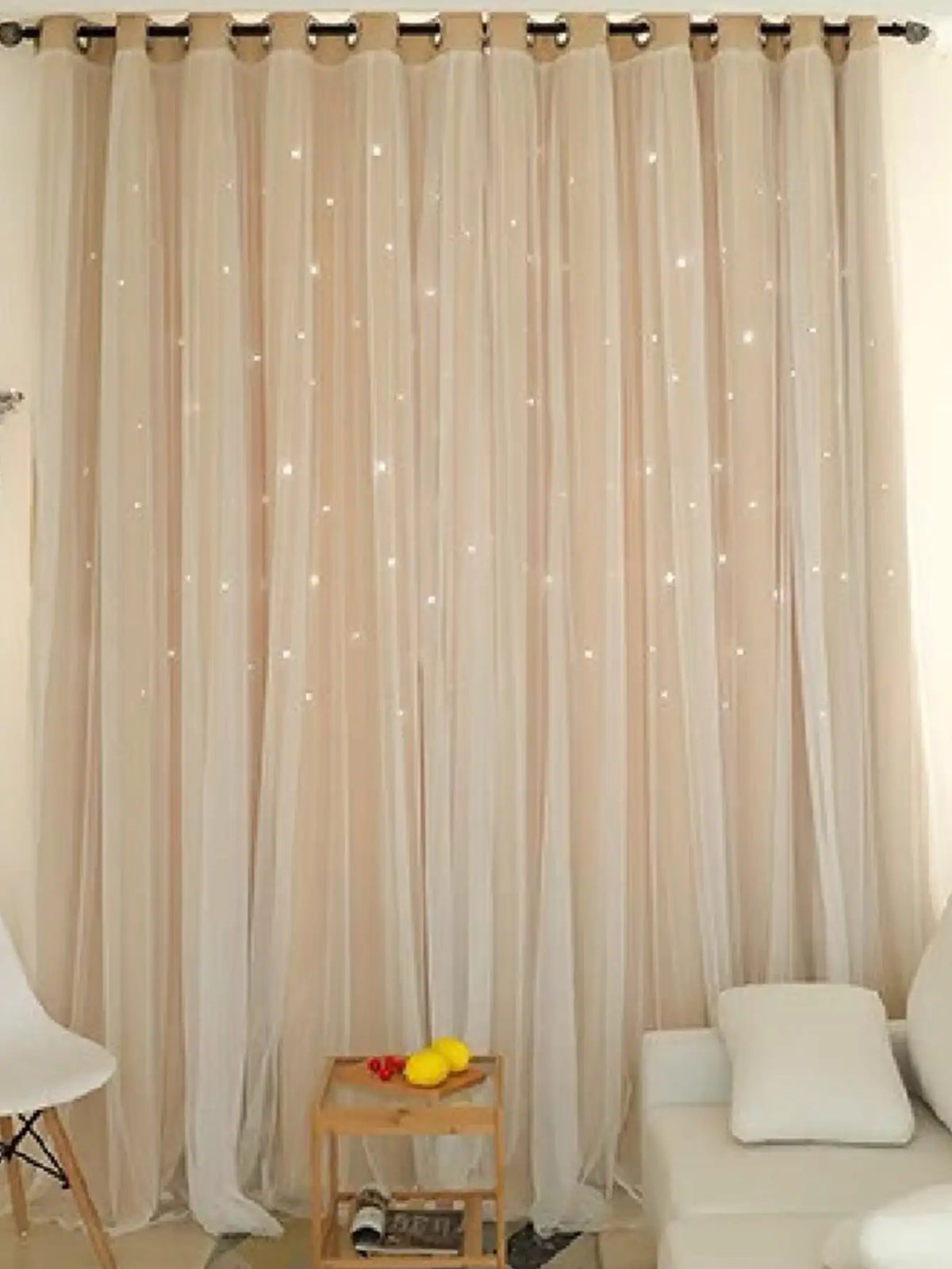Beige Star Perforated Sheer Curtain with Blackout Lining