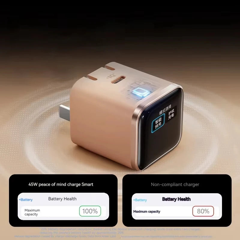 Chargeur Nano intelligent beige 45W affichant l'état de la batterie.