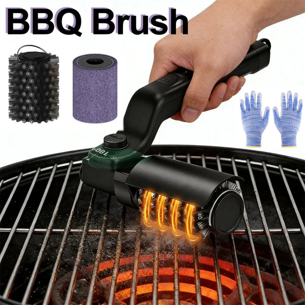 A hand holds a black electric BBQ brush with glowing wires, positioned over a grill grate.