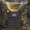 A small size Jungle JPC training vest in black with an American flag emblem displayed against a rugged, outdoor background.