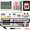 A collection of drawing tools including graphite pencils, charcoal pencils, and an eraser set displayed in a black case.