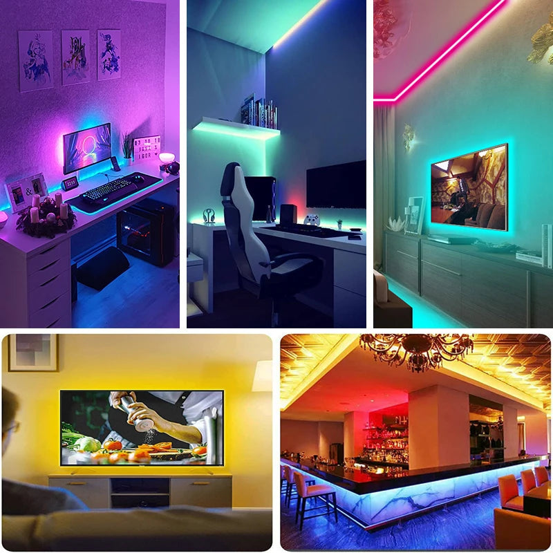 A modern interior featuring vibrant RGB LED strip lights illuminating a bar area and a television screen.