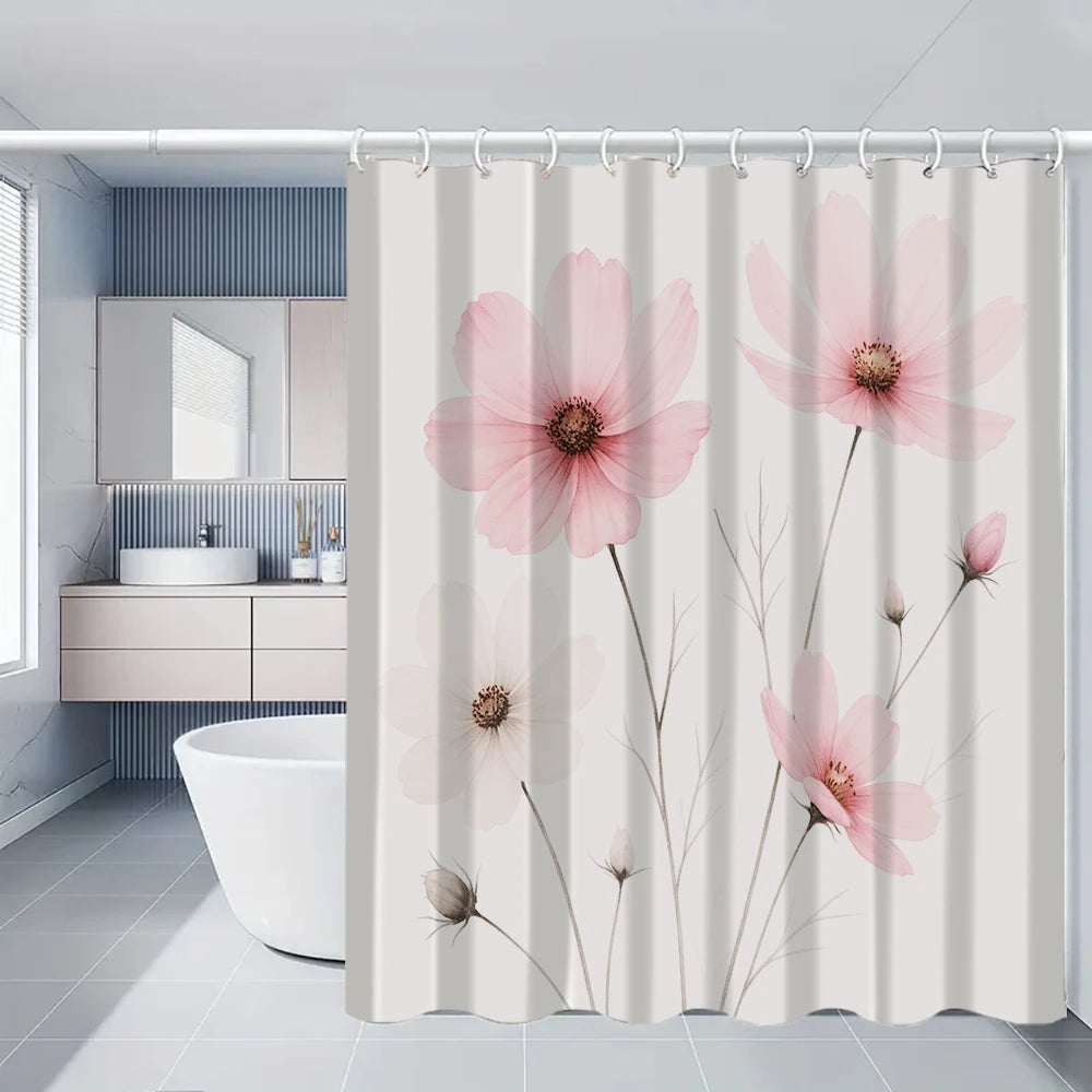 A floral shower curtain featuring pink peonies and greenery in a light gray background.