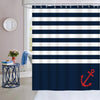 Navy blue and white striped fabric shower curtain featuring a red anchor design.