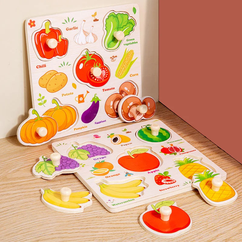 A wooden life cycle puzzle set featuring various colorful fruits and vegetables like corn, tomato, pumpkin, and apple.