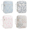 A collection of floral quilted Bible covers in light blue, gray, and white patterns with zipper pockets and carry handles.