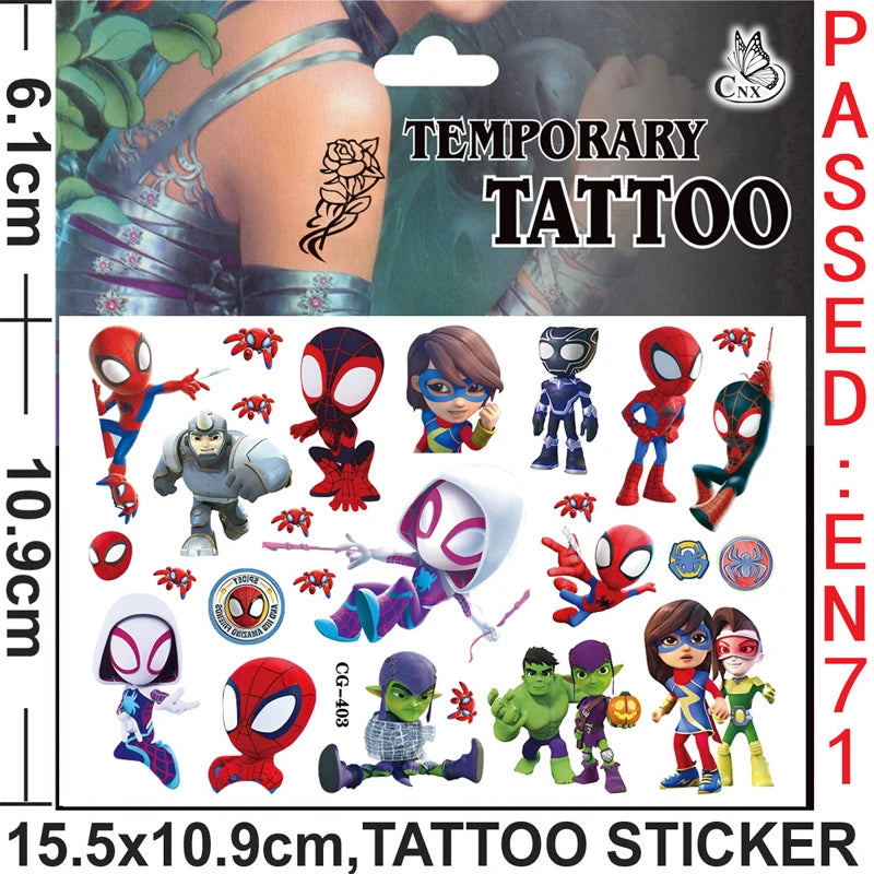 A pack of temporary superhero tattoos featuring Spider-Man and other characters for kids