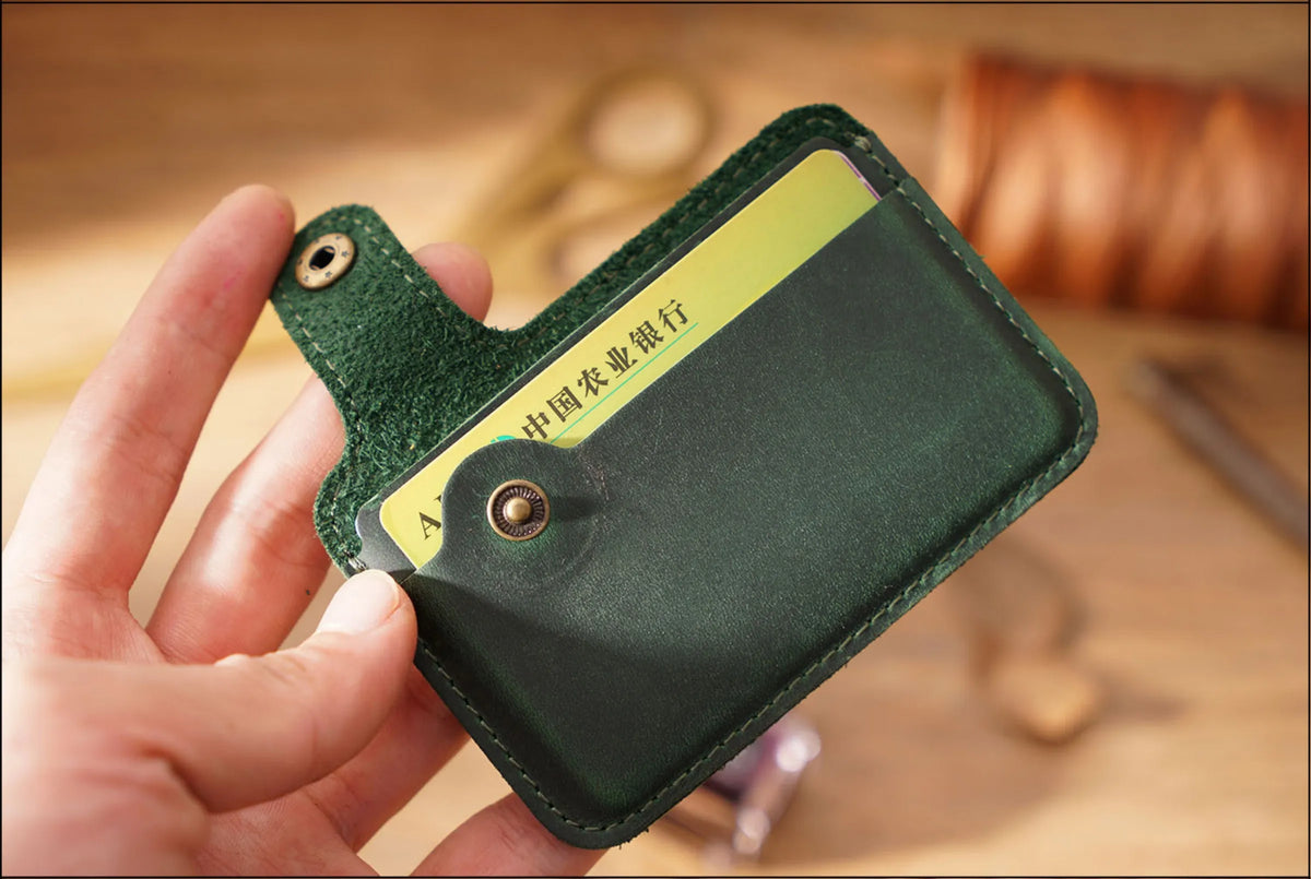 Vintage Leather Slim Card Holder with Snap Closure