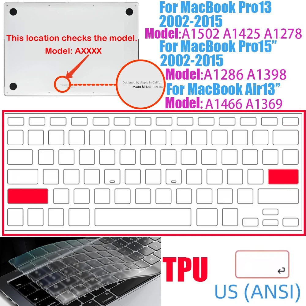 Ultra-thin TPU keyboard cover for MacBook Air and Pro showing the keyboard layout.