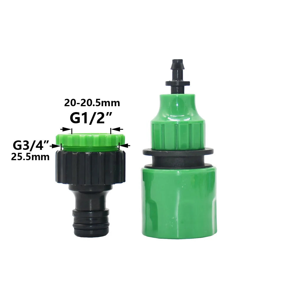 A set of green and black drip irrigation components including a 20-20.5mm G1/2" and a G3/4" 25.5mm dripper.