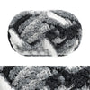 A ball of chunky chenille yarn with a dark gray and white marbled pattern.