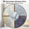 A circular display showing different light effects of 3D decorative window films, including Sunny, Light, Cloudy, and No Ligh