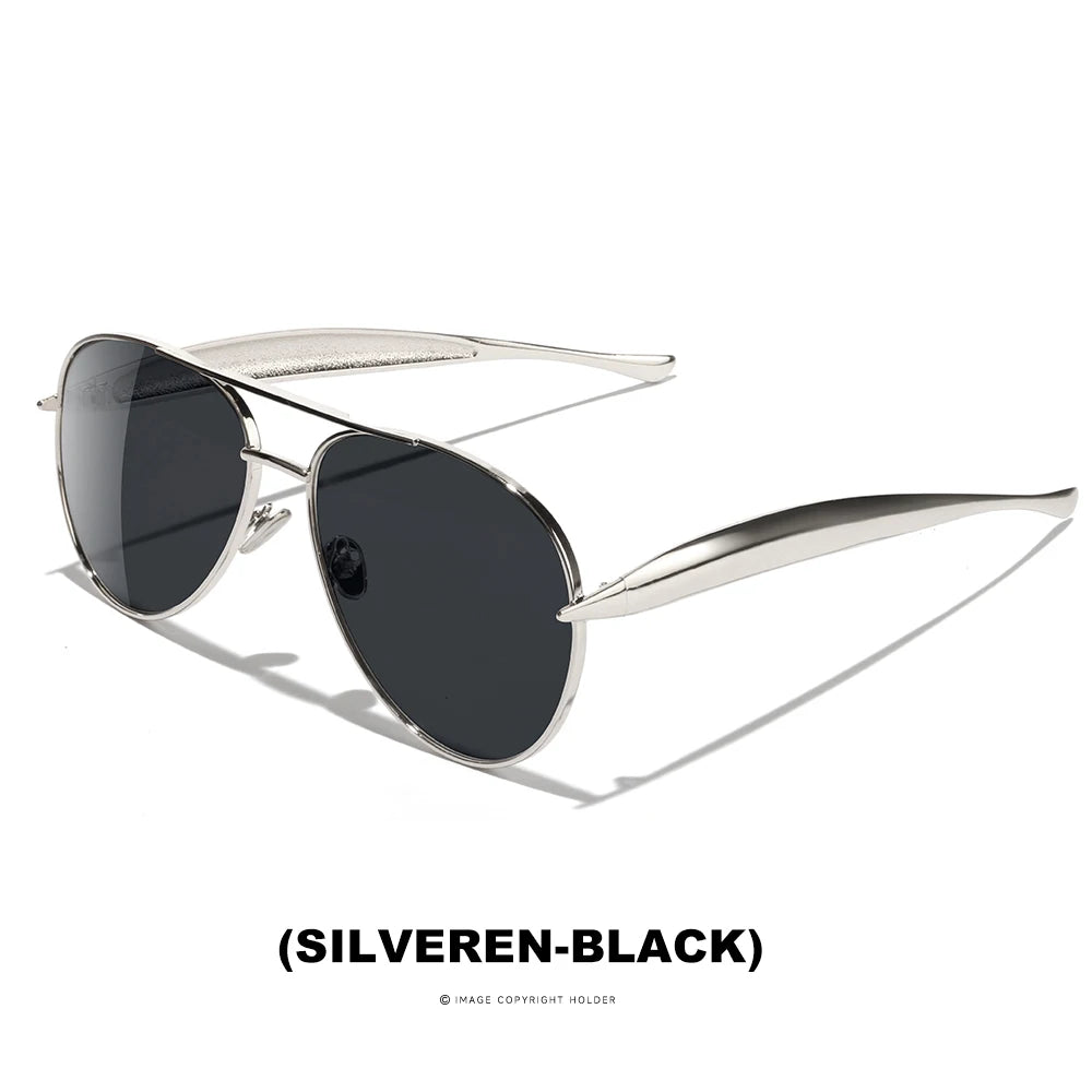 Silver-black oversized aviator sunglasses with gradient lenses shown against a white background.